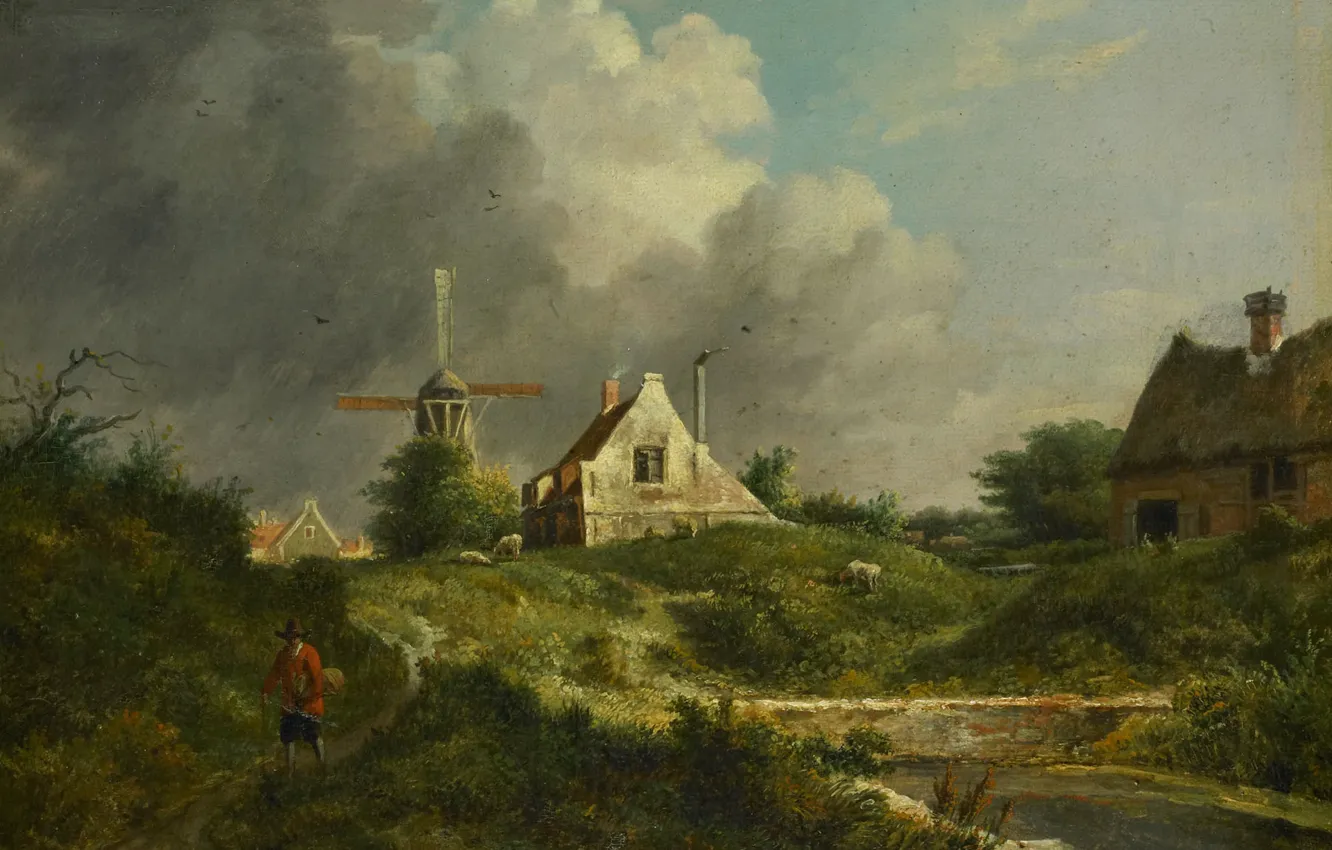 Фото обои масло, картина, ветряная мельница, 1807, Ян Хулсвит, Jan Hulswit, Пейзаж в Gooi