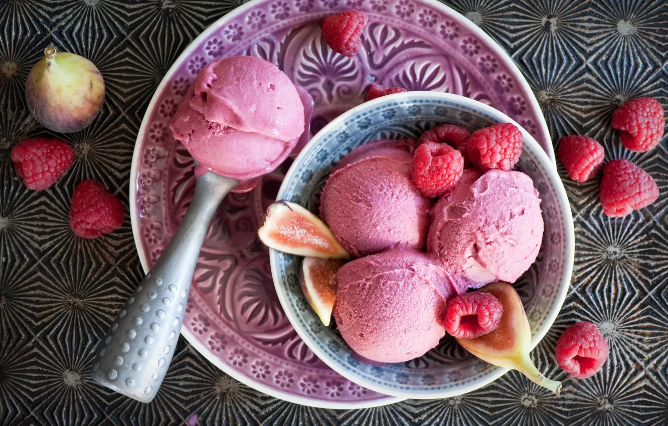 Фото обои ягоды, малина, тарелка, мороженое, десерт, сладкое, инжир
