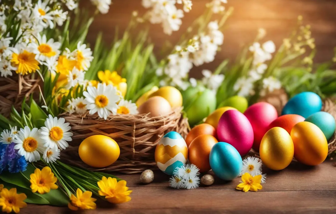 Фото обои цветы, яйца, весна, colorful, Пасха, happy, flowers, spring