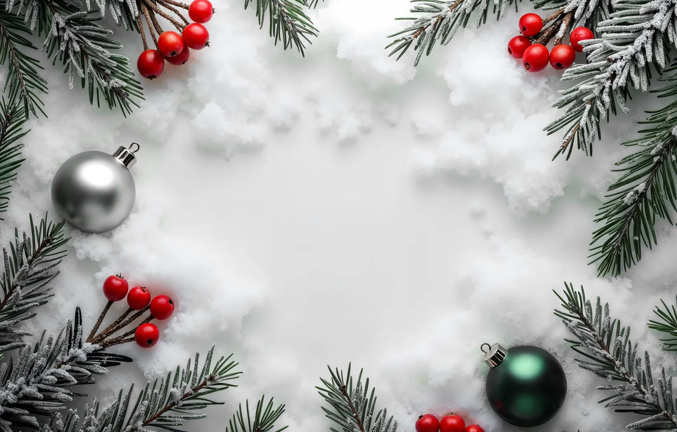 Фото обои снег, украшения, ягоды, шары, Рождество, Новый год, new year, Christmas