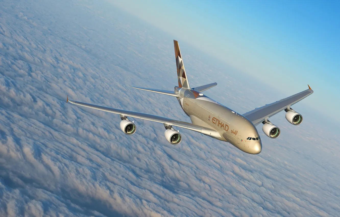 Фото обои Облака, A380, Airbus, Etihad Airways, Airbus A380, Пассажирский самолёт, Airbus A380-800