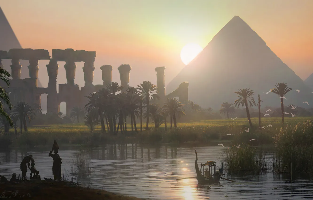Фото обои вечер, арт, пирамида, египет, Assassin's Creed Origins