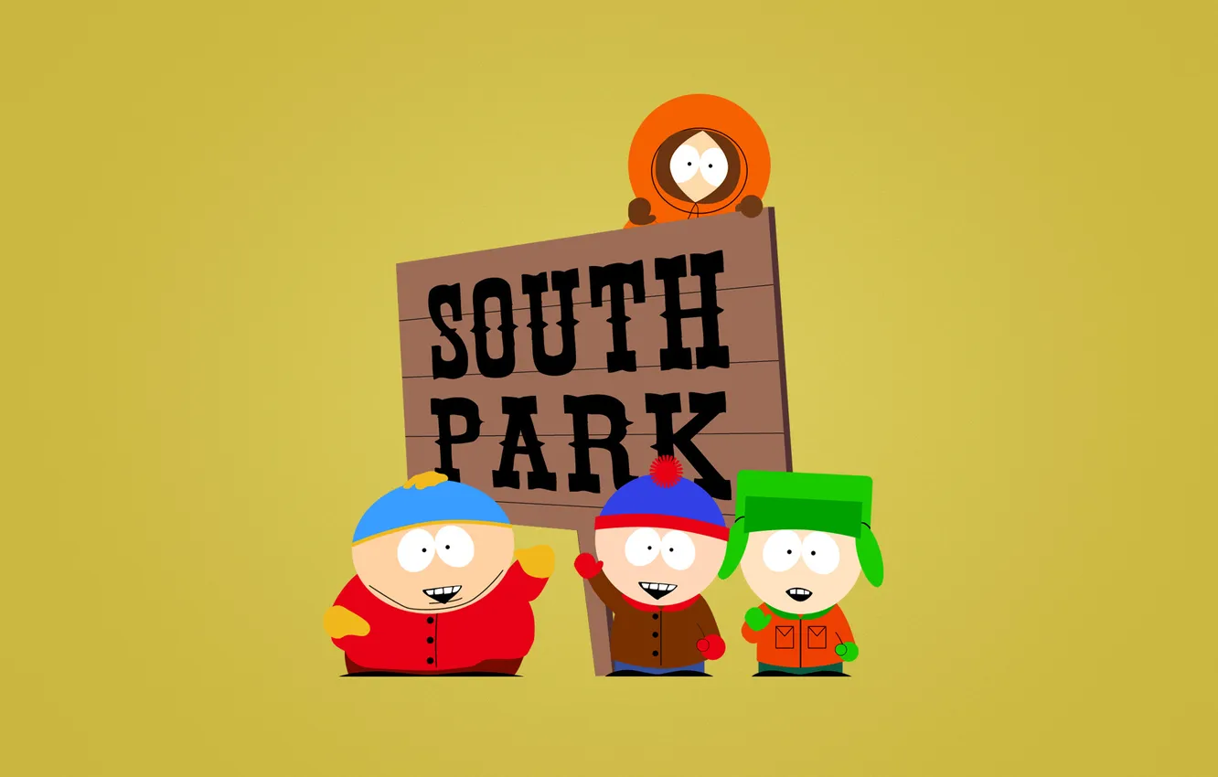 Фото обои улыбка, надпись, четверо, Южный парк, светлый фон, South Park, приветствие, Стэнли (Стэн) Марш