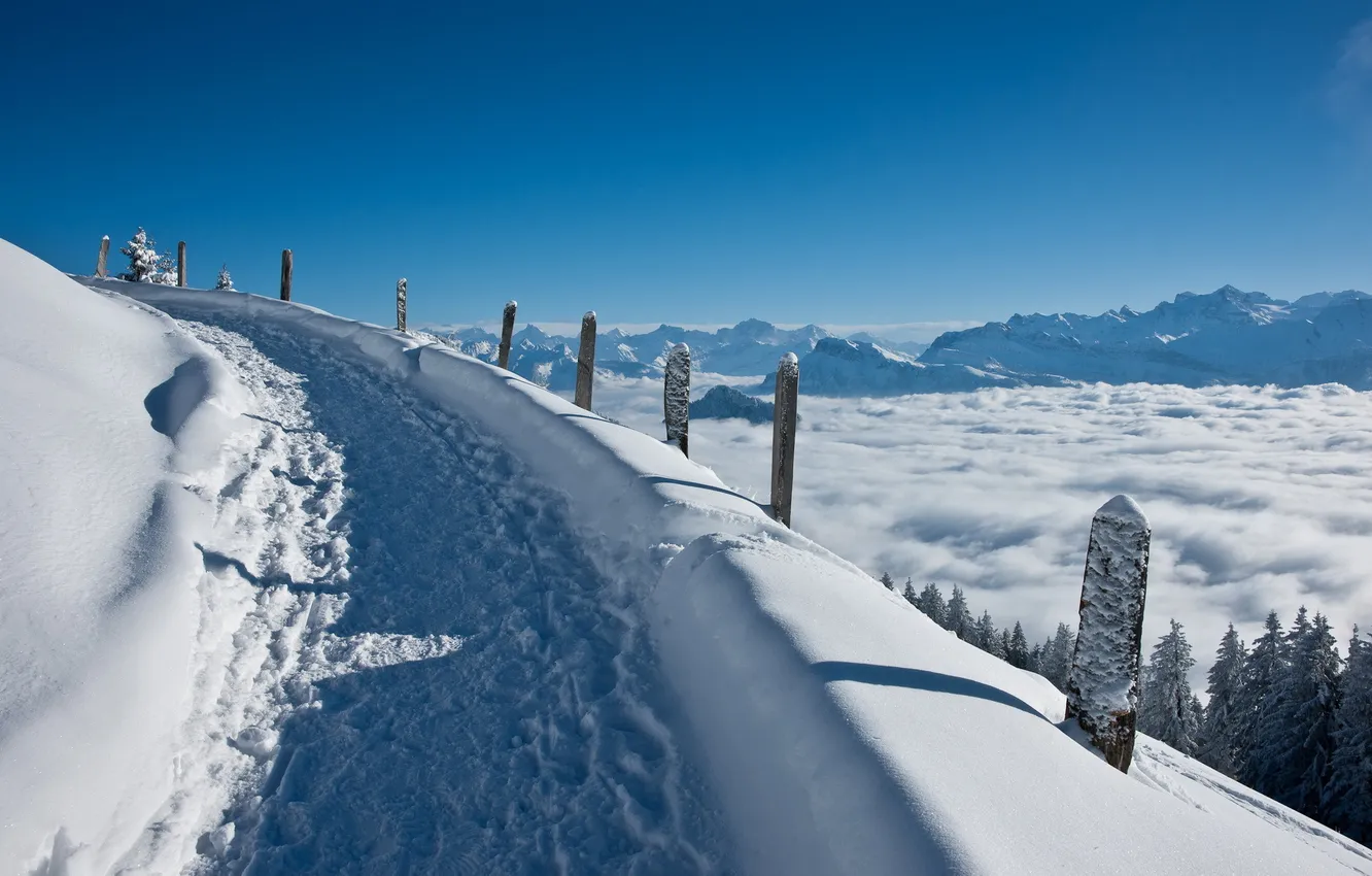 Фото обои зима, дорога, снег, пейзаж, горы, красота