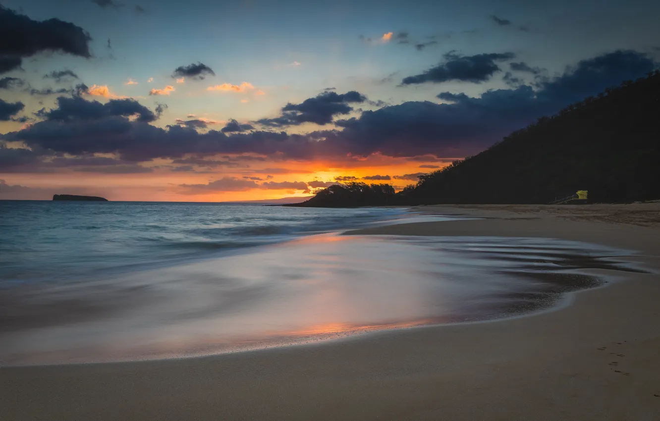 Фото обои море, облака, закат, берег