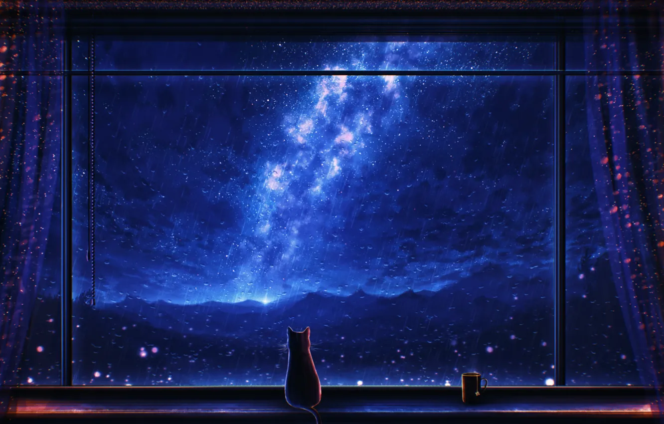 Фото обои кошка, ночь, дождь, окно, кружка, млечный путь, by Miloecute