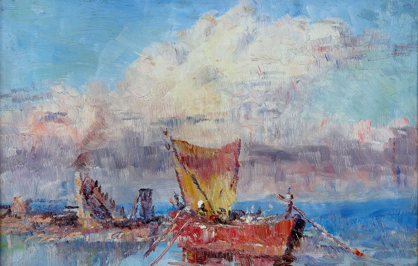 Фото обои лодка, картина, парус, морской пейзаж, В Коломбо, Frederick McCubbin, Фредерик Мак-Каббин