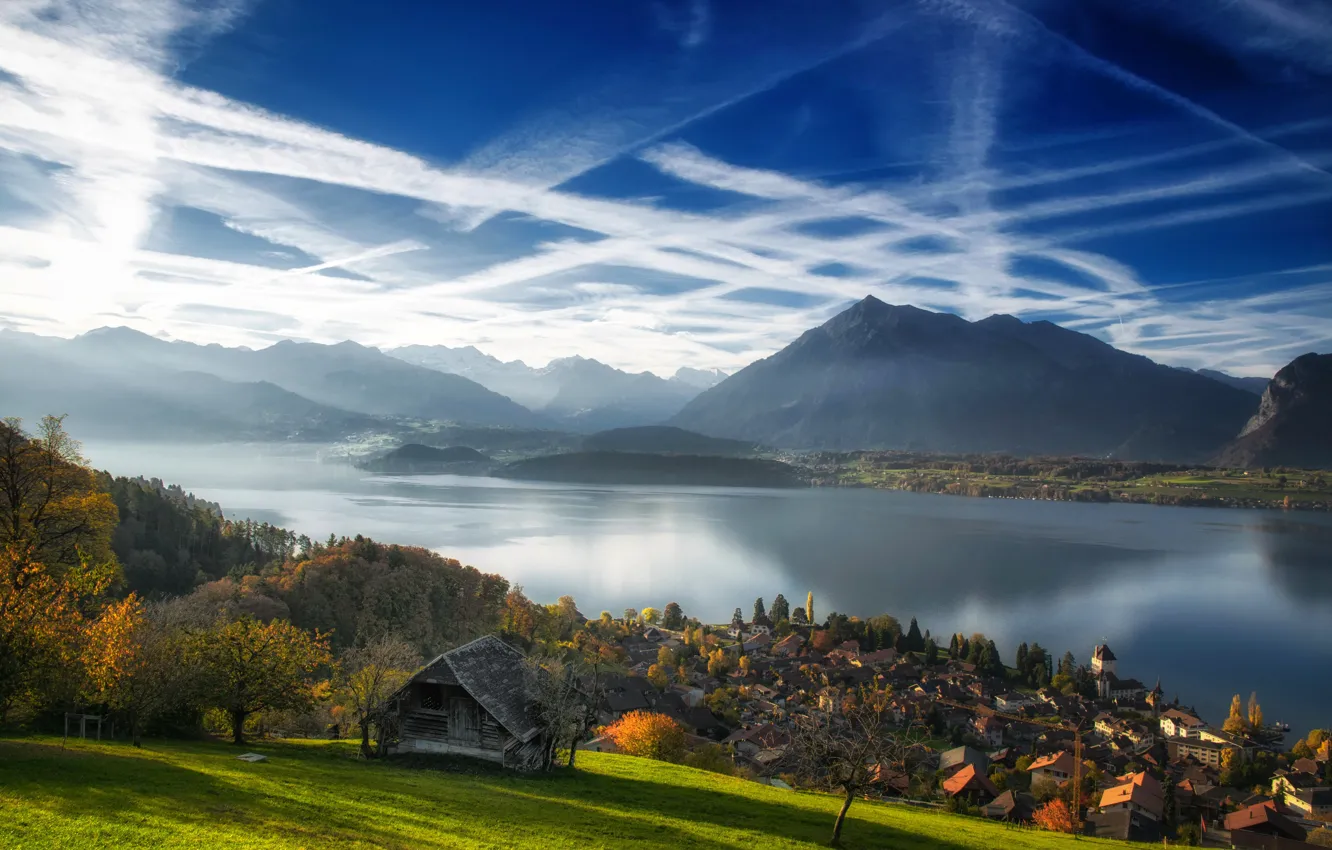 Фото обои осень, облака, горы, озеро, Швейцария, деревня, Switzerland, Lake Thun