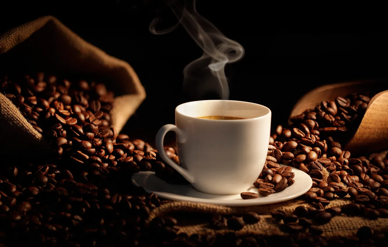 Фото обои кофе, зерна, чашка, мешок, кофейные зерна, coffee, Cup, bag