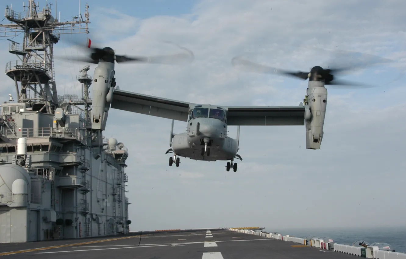 Фото обои взлет, конвертоплан, надстройка, МV-22 Osprey, палуба вертолетоносца