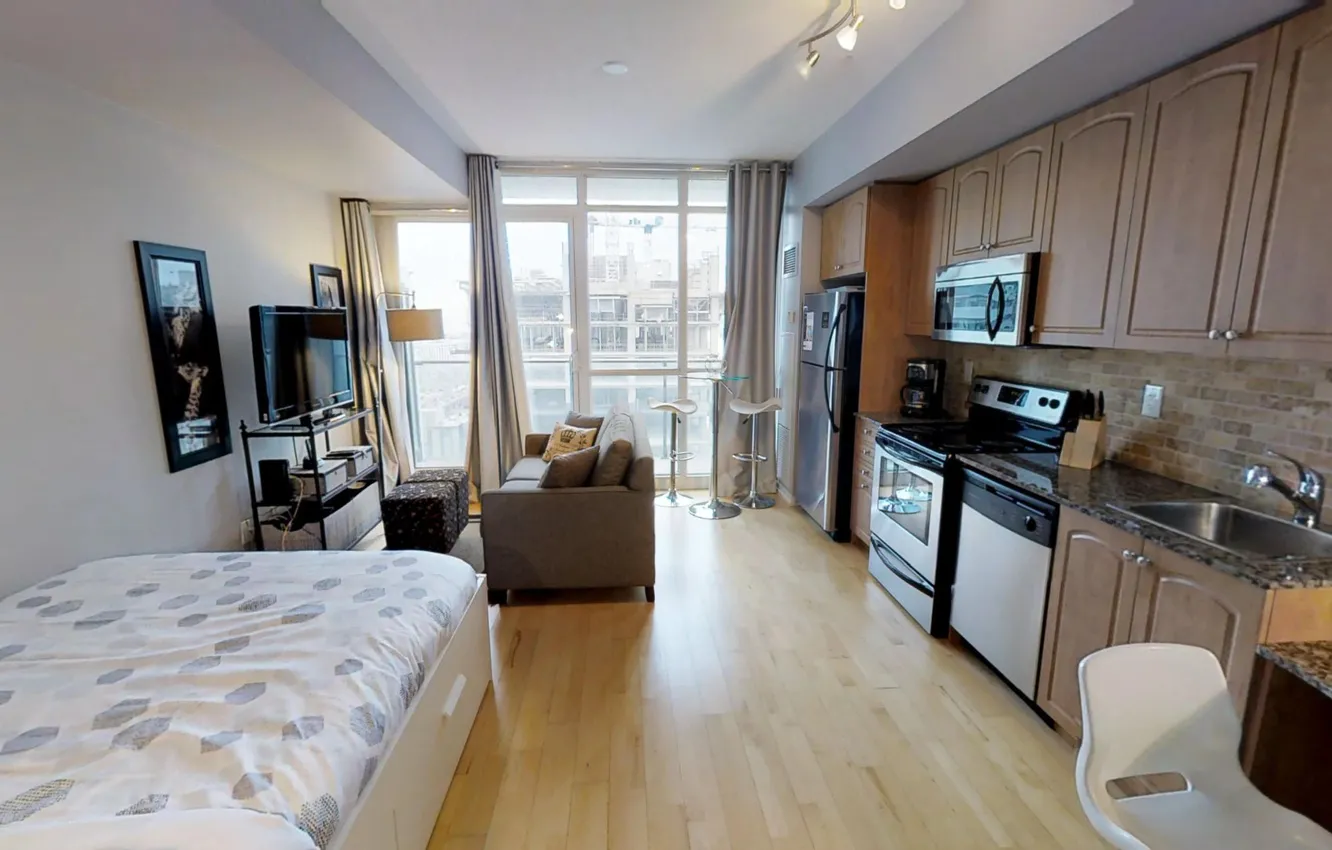 Фото обои дизайн, интерьер, кухня, The Bachelor Apartment, мини-спальня, мини-гостиная, мини-столовая, Холостяцкая квартира