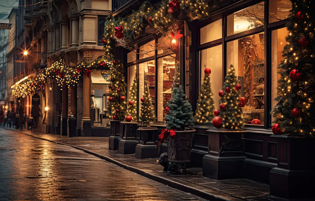 Фото обои зима, снег, украшения, ночь, город, lights, шары, улица