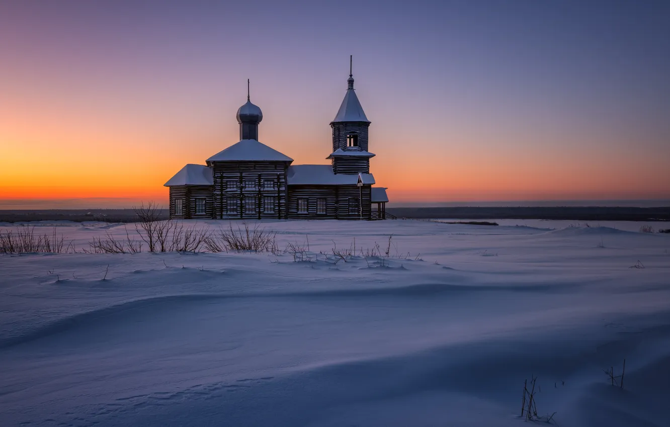 Фото обои зима, пейзаж, церковь, Архангельская область, Максим Евдокимов, Рождественское утро