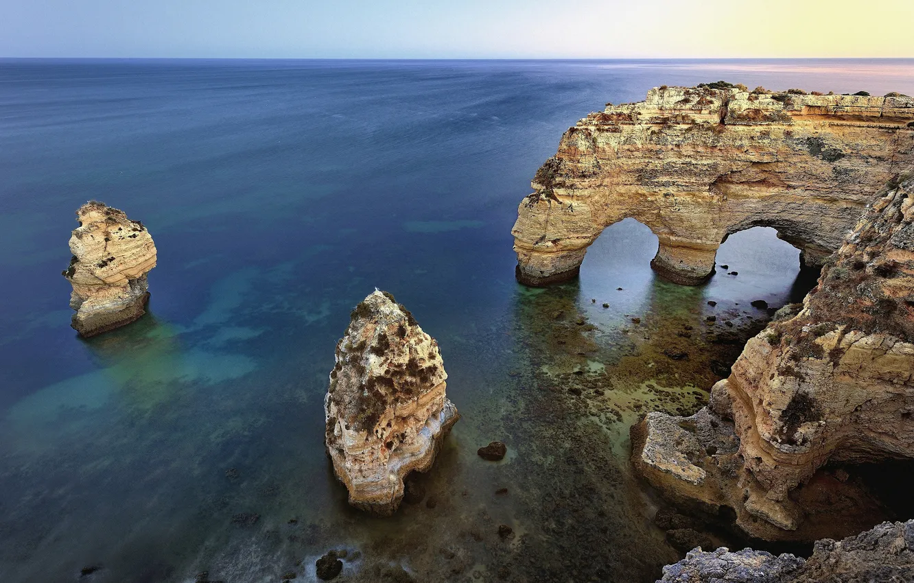 Фото обои море, скала, арка, Португалия, Portugal, Algarve, Albandeira Beach