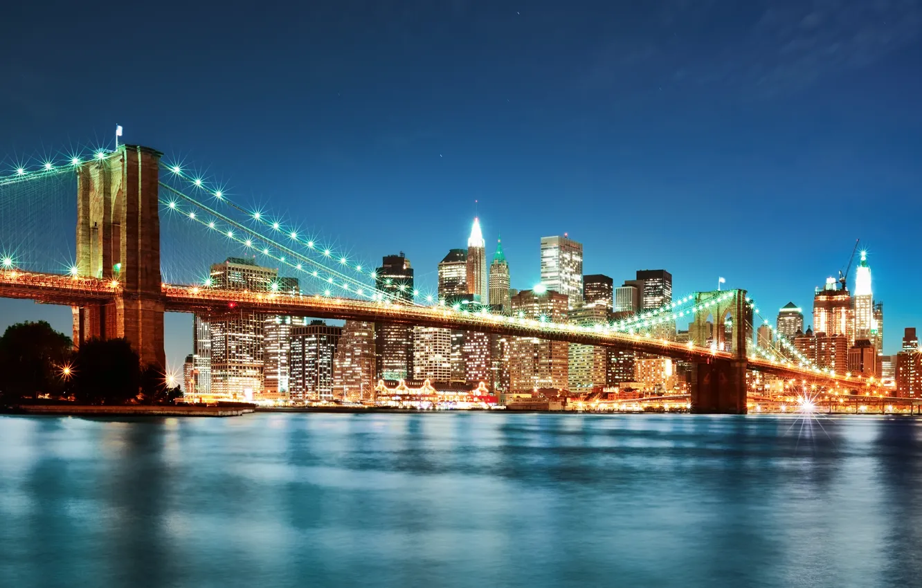 Фото обои ночь, мост, город, огни, нью-йорк, new york, бруклинский мост, brooklyn bridge