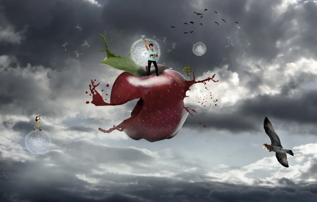 Фото обои небо, яблоки, девочка