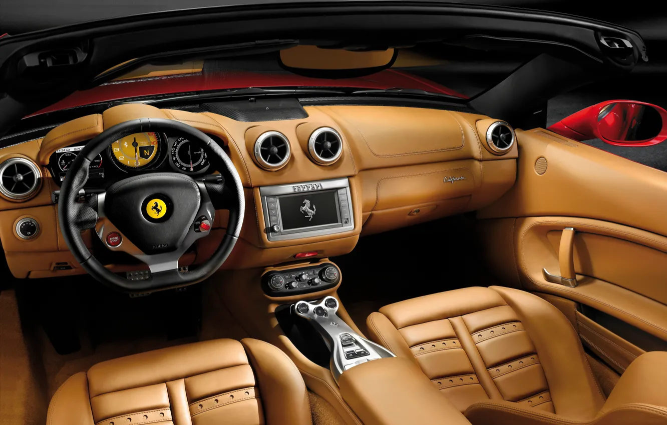 Фото обои кожа, руль, Ferrari, салон, California, 2008–12