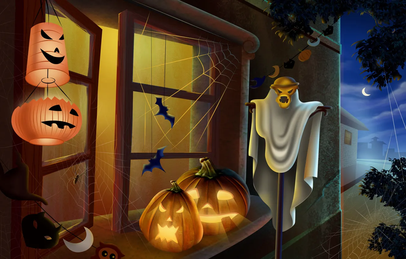 Фото обои свет, ночь, окно, Halloween, тыква, Хэллоуин, фонарики