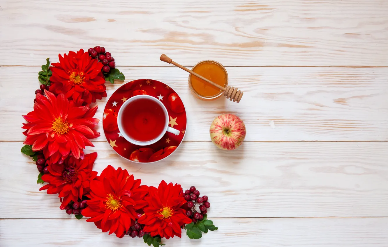 Фото обои цветы, чай, яблоко, мед, чашка, красные, Ellygri
