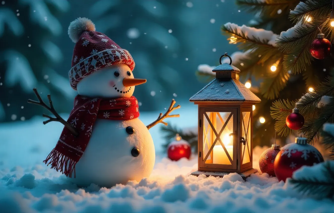 Фото обои зима, лес, шарики, свет, снег, ночь, огни, поляна