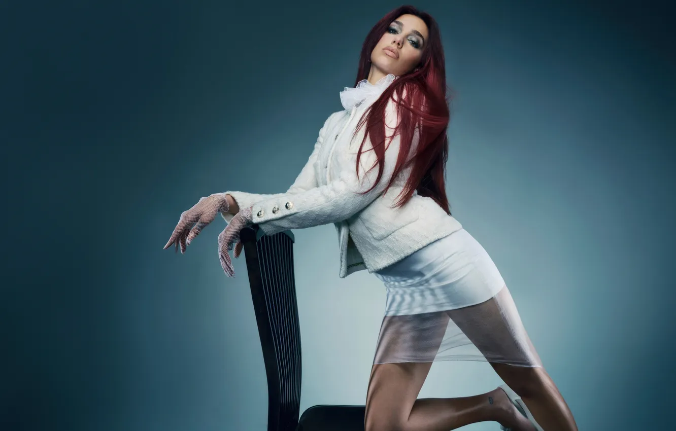 Фото обои red hair, Dua Lipa, Knelling on chair, white mini