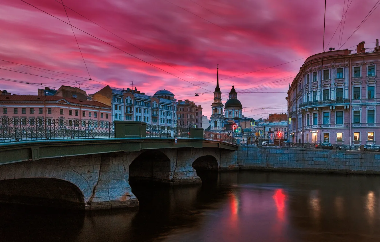 Фото обои мост, город, река, здания, дома, утро, Питер, Санкт-Петербург