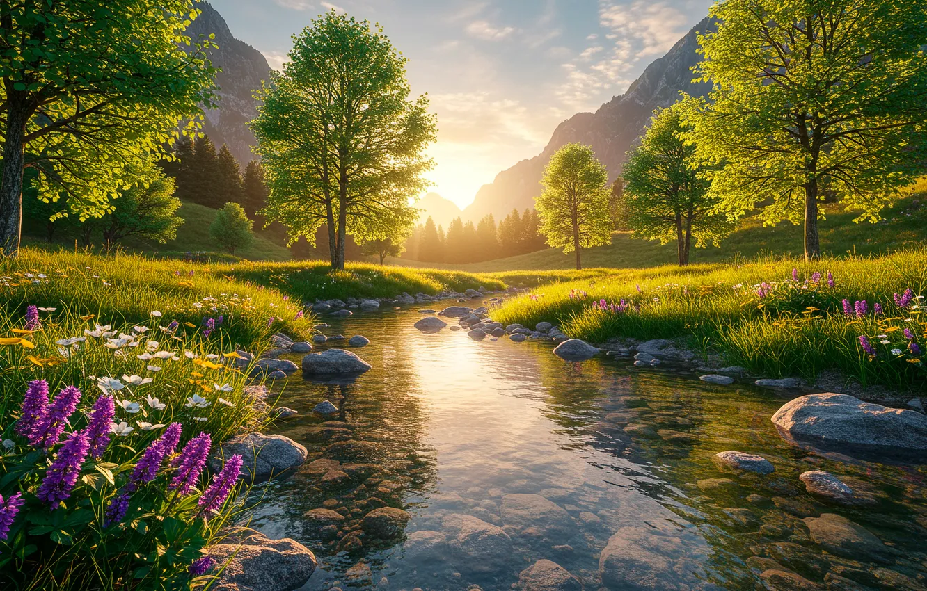 Фото обои небо, облака, горы, ручей, восход, весна, sky, mountains