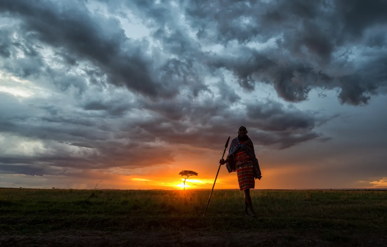Фото обои небо, закат, Африка, Кения, Заповедник Масаи-Мара, челвек