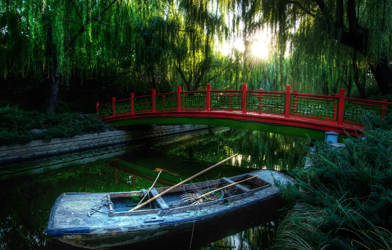 Фото обои лес, мост, река, лодка