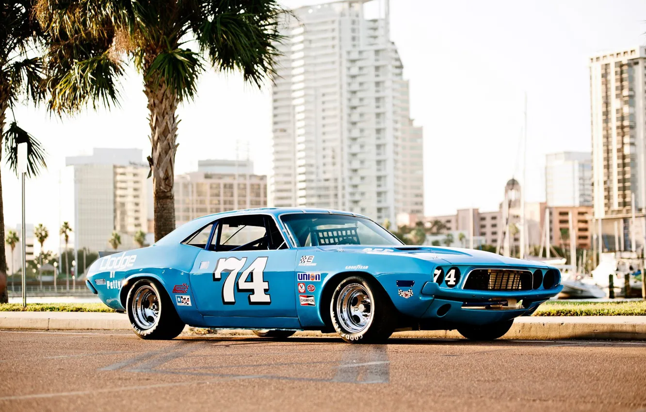 Фото обои Dodge Challenger, old, 1973, nascar, blue race car