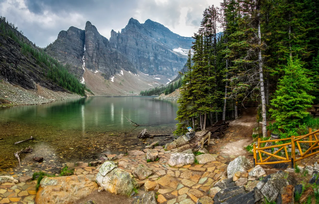 Фото обои лес, деревья, горы, озеро, камни, Канада, лестница, Banff National Park