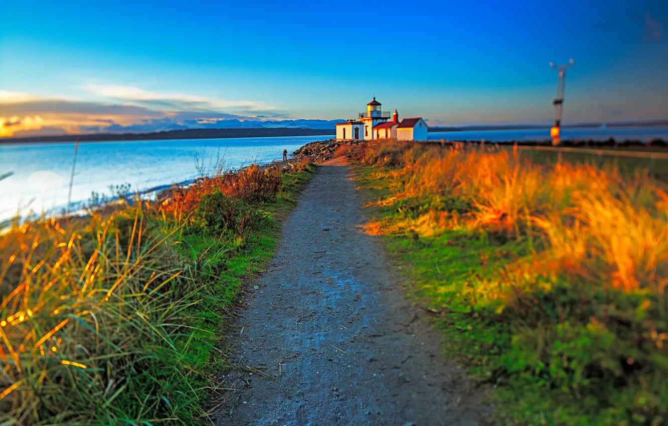 Фото обои море, трава, дом, США, штат Вашингтон, маяк Вест-Пойнт