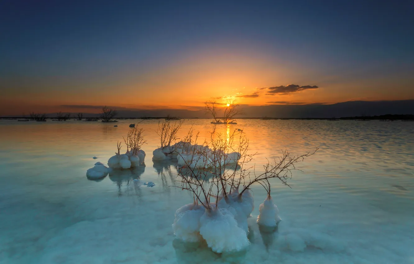 Фото обои закат, Солнце, соль, Мертвое море