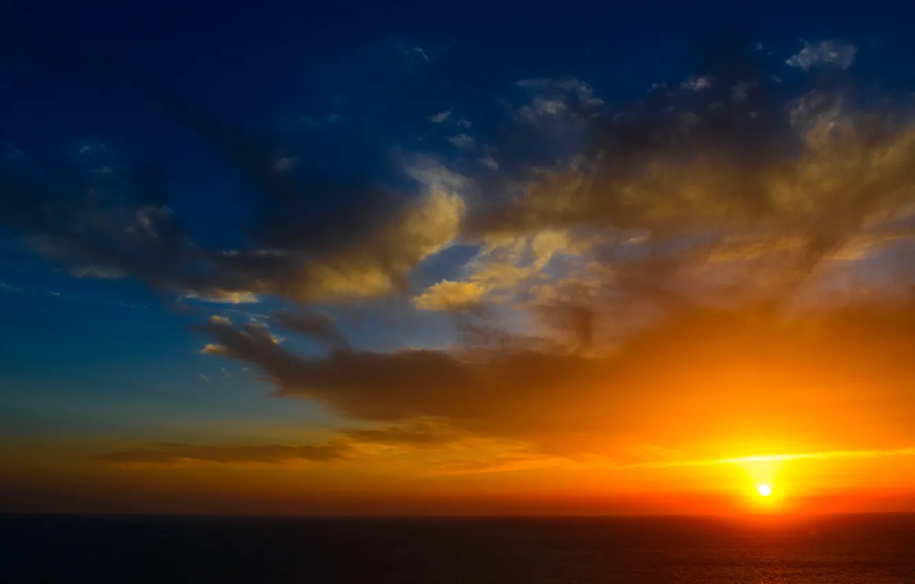 Фото обои Закат, Солнце, Небо, Вода, Облака, Океан, Горизонт