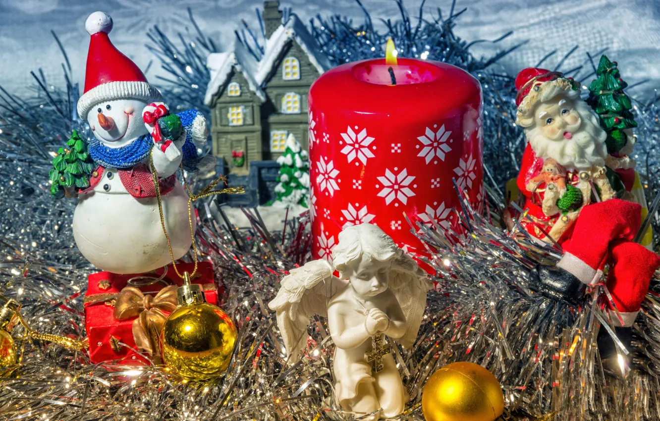 Фото обои украшения, праздник, ангел, снеговик, санта клаус, новогодние игрушки, игрушки к рождеству
