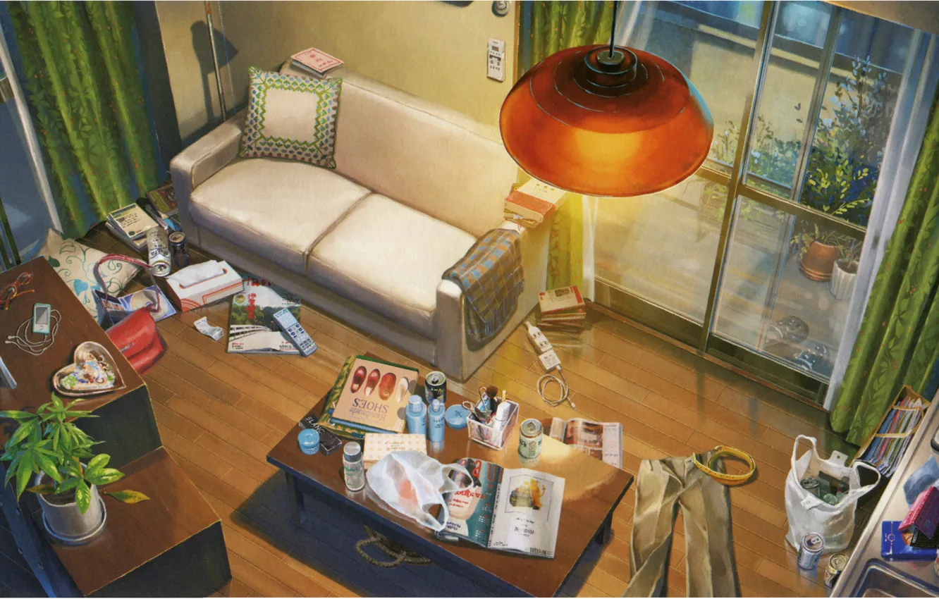 Фото обои стол, комната, диван, лампа, окно, банки, журналы, беспорядок