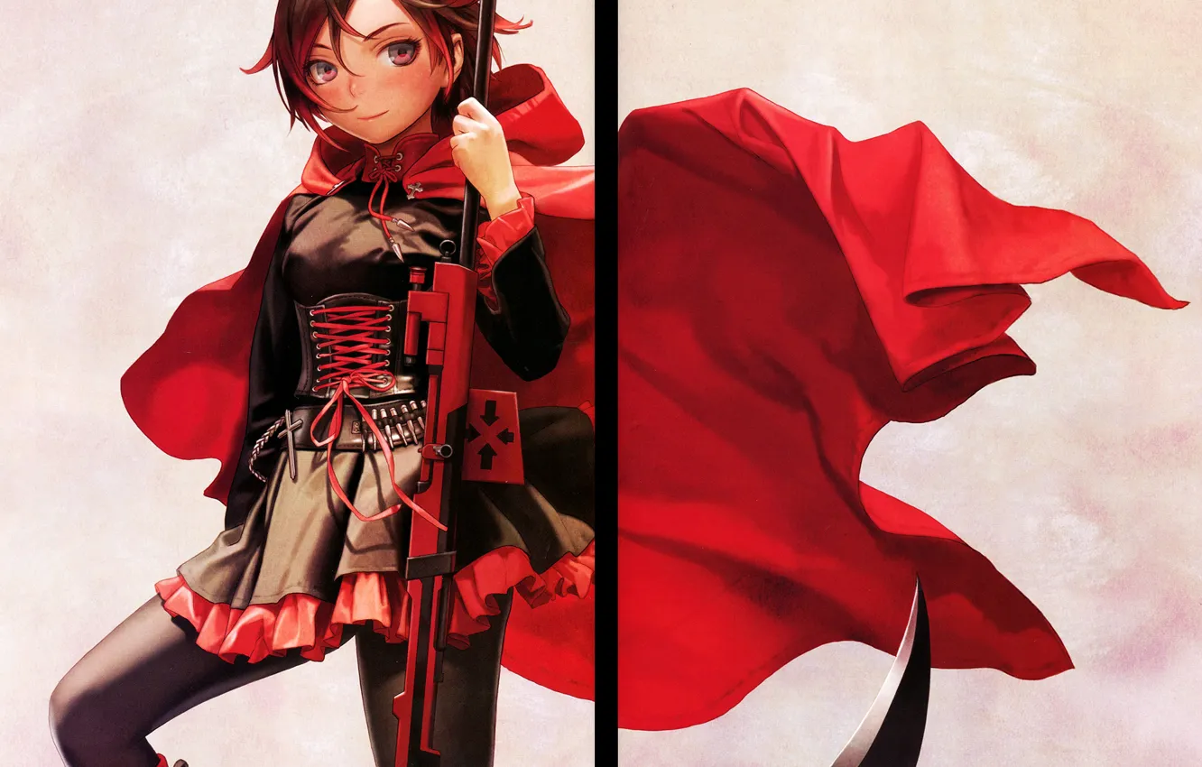 Фото обои серый фон, винтовка, красный плащ, шнуровка, мини-юбка, коса смерти, RWBY, Ruby Rose