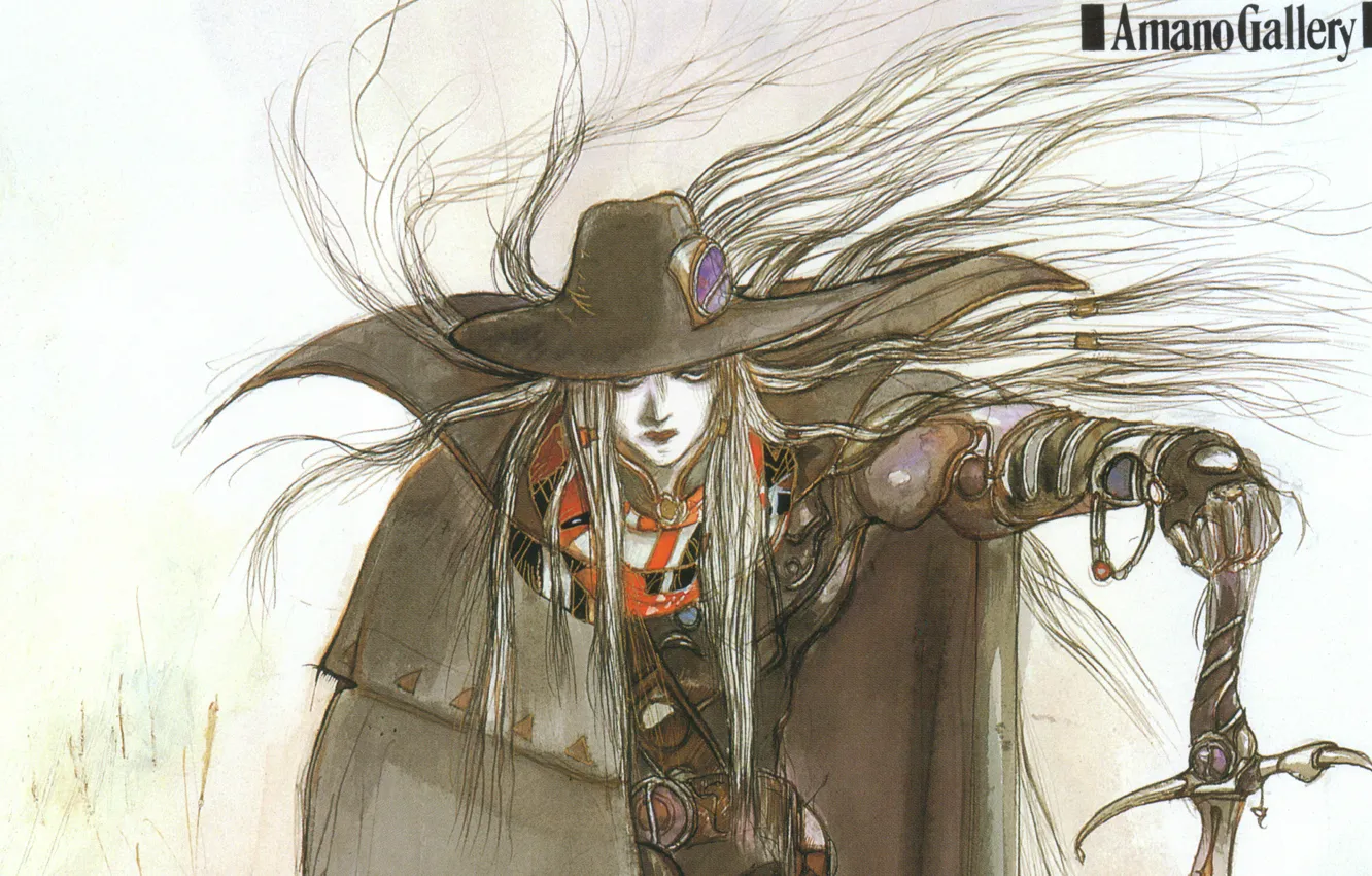 Фото обои графика, меч, шляпа, плащ, цветная, охотник, art, Yoshitaka Amano