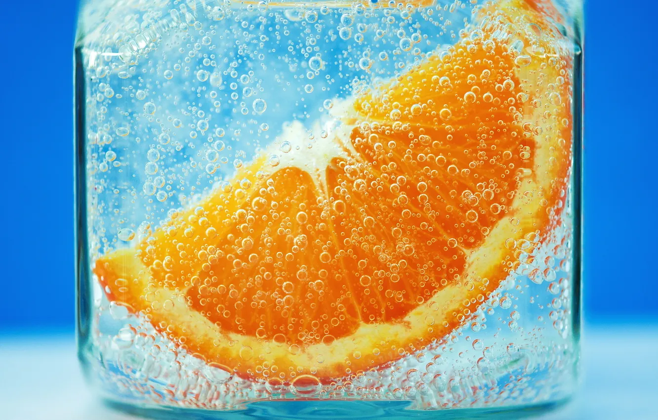 Фото обои вода, пузырьки, фон, апельсин