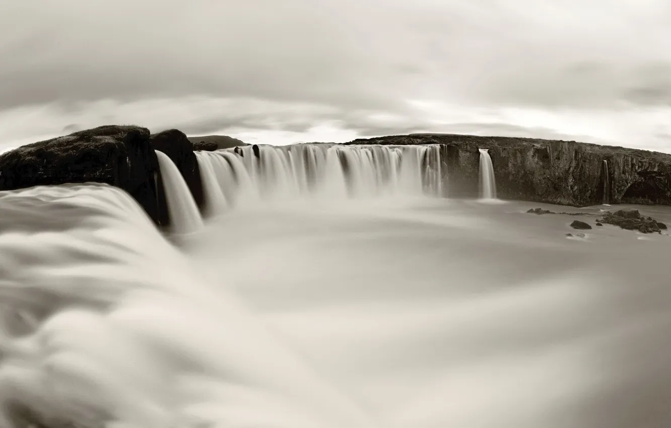 Фото обои landscape, nature, water, waterfall, cliff, overcast