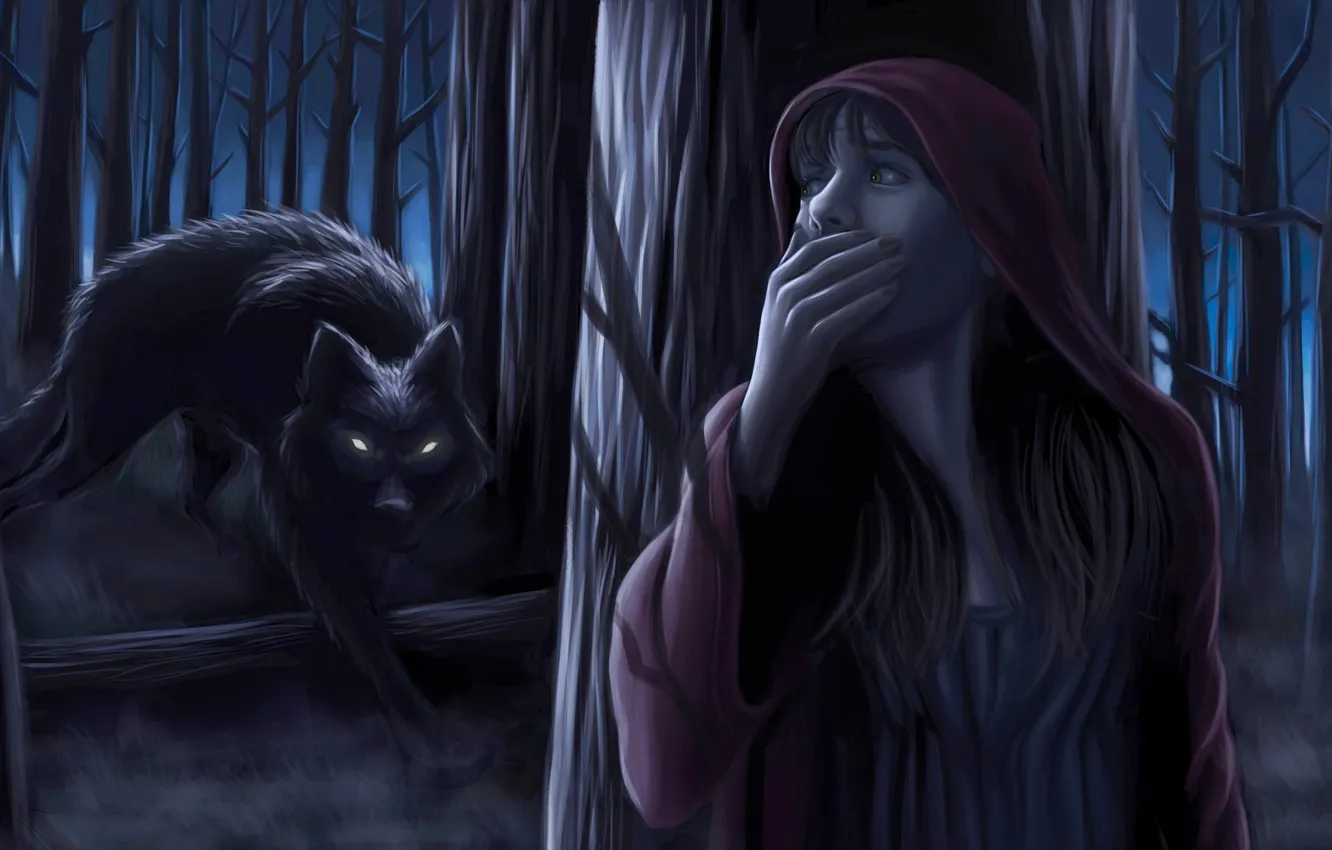 Фото обои лес, девушка, ночь, волк, красная шапочка
