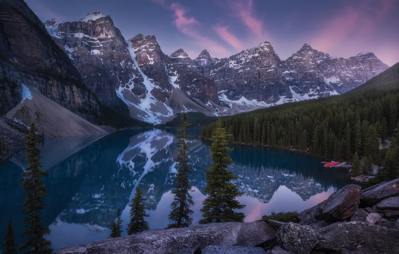 Фото обои лес, горы, озеро, отражение, рассвет, утро, Канада, Альберта