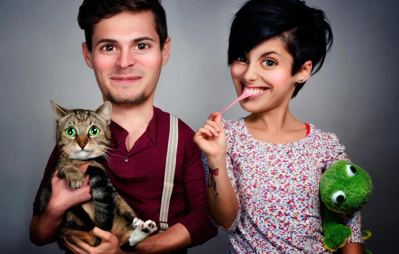Фото обои кот, юмор, муж, жена, семейное фото