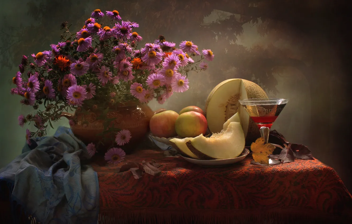 Фото обои вино, яблоки, бокал, букет, натюрморт, дыня