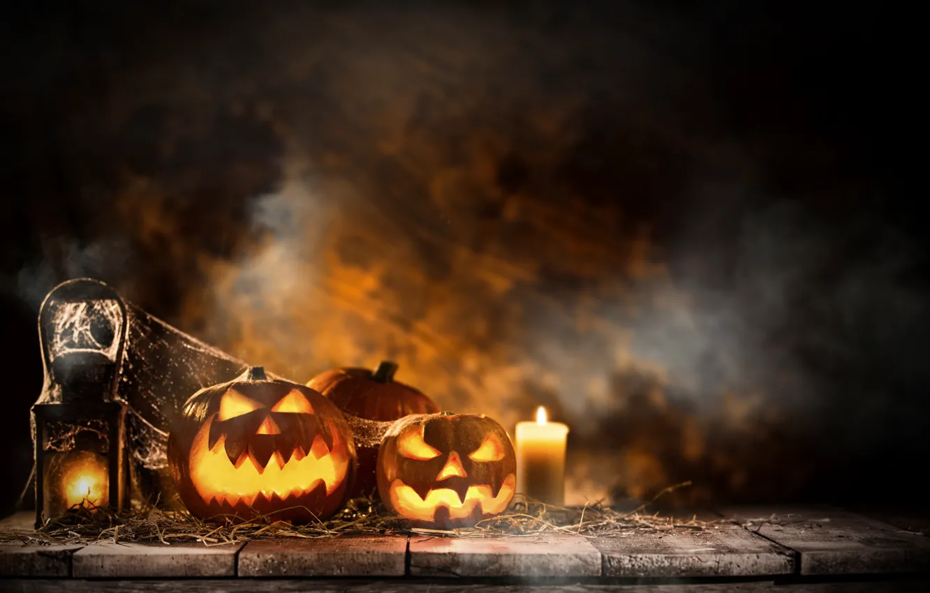 Фото обои праздник, свечи, тыквы, Хэллоуин