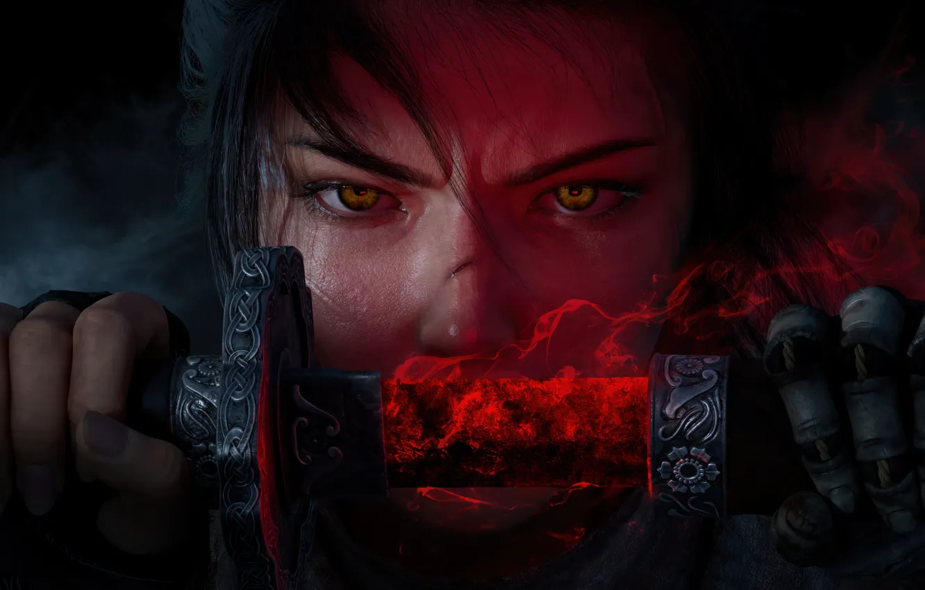 Фото обои girl, sword, smoke, katana, hair, look, warrior, fury