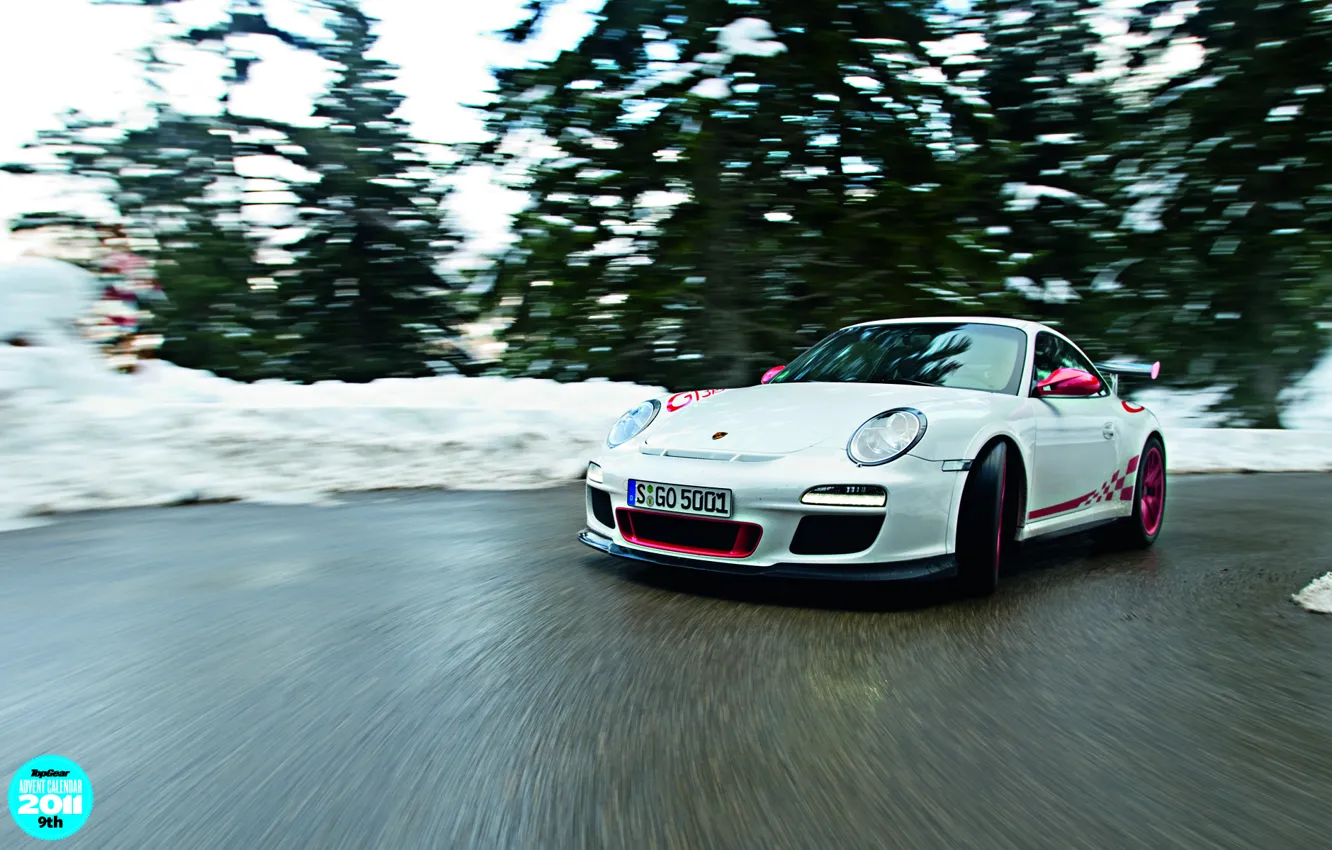 Фото обои белый, деревья, 911, Porsche, поворот, вираж, суперкар, порше