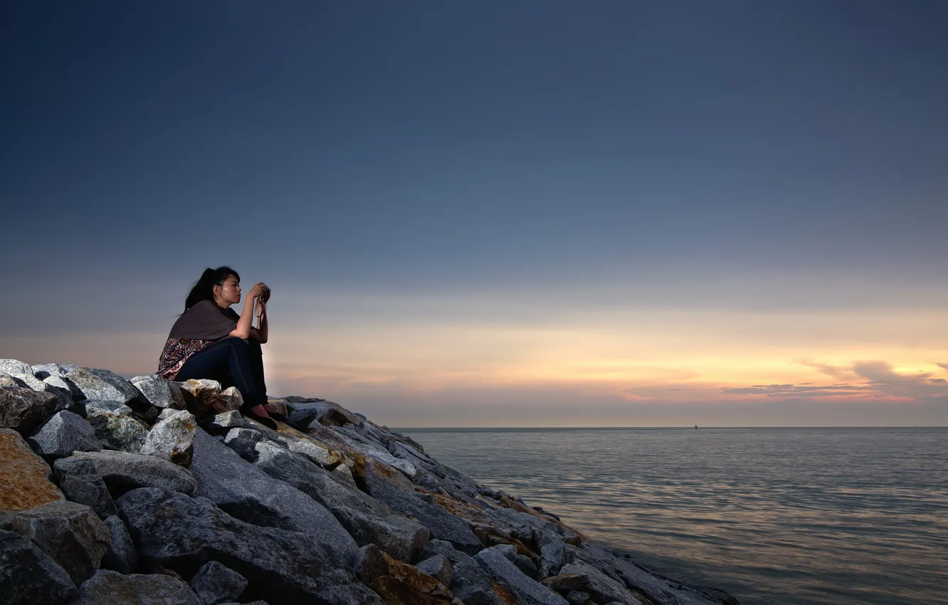 Фото обои море, девушка, пейзаж, закат