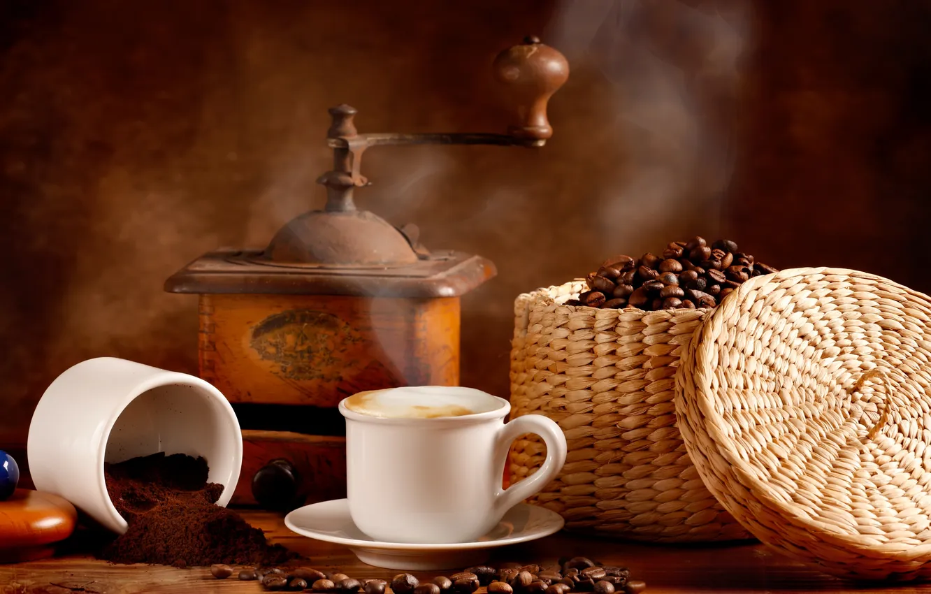 Фото обои кофе, крем, кофейные зерна, аромат, пенка, кофемолка
