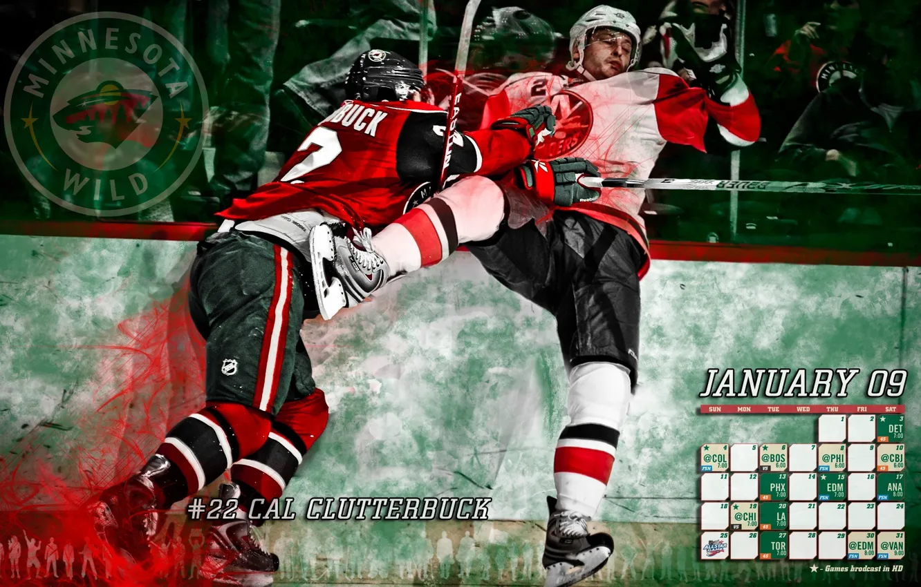 Фото обои лед, форма, клюшка, хоккей, коньки, hockey, Cal Clutterbuck, minnesota wild